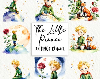 May include: A set of 12 digital clipart images featuring The Little Prince, a watercolor illustration of a young boy with blonde hair and a green outfit. The images include various scenes from the book, such as The Little Prince standing on a planet, looking at a rose, and with a fox. The text "The Little Prince 12 PNGs Clipart" is included in the image.