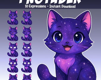 Peut inclure: Illustration numérique d'un chat de dessin animé avec un design de galaxie, dans des tons violets et bleus. L'image comprend le texte "PNGTUBER" et "10 Expressions - Instant Download". Le chat a de grands yeux bleus et une expression souriante.