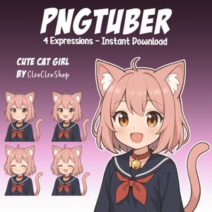 Cute Cat Ears Girl PNGtuber - Pink Hair Girl Animated vTuber Stream 4 expressions - Chibi Giftuber Reactive Avatar vTuber for Streamers