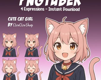 Süßes Katzenohren Mädchen - Rosa Haar Mädchen Animierter vTuber Stream 4ausdrücke - Chibi Giftuber Reaktiver Charakter vTuber für Streamer