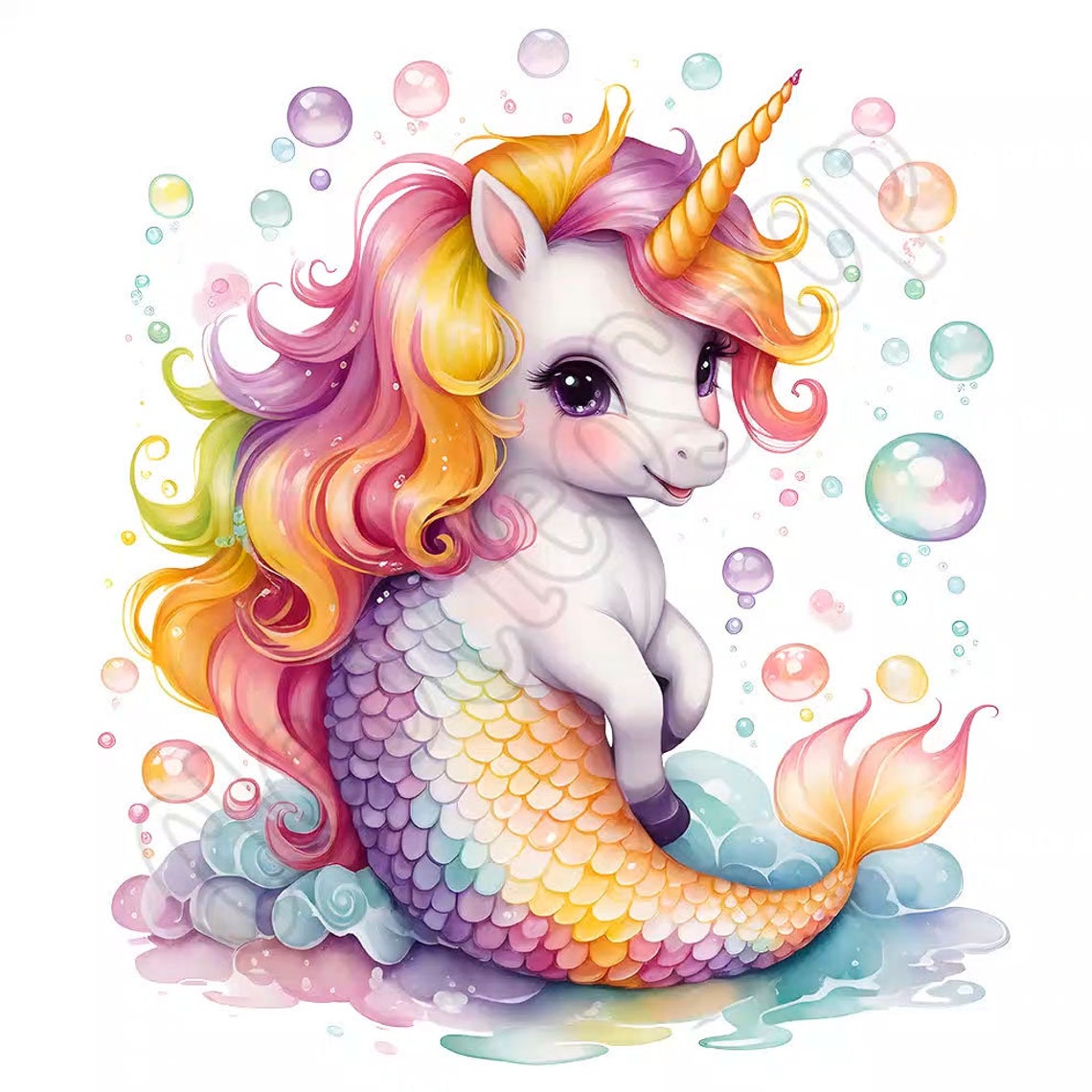 Watercolor Cute Mermaid Unicorn Clipart Bundle, 10 High-quality Pngs ...