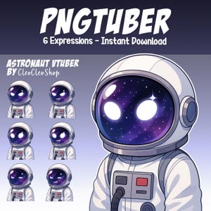 May include: Digital art of an astronaut VTuber with a white spacesuit and helmet. The helmet's visor displays a galaxy design with two bright white orbs. Text reads "PNGTUBER" and "6 Expressions - Instant Download."