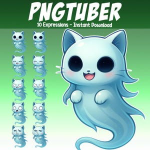 May include: A digital illustration featuring a cute ghost cat with large black eyes, pink cheeks, and a smiling mouth. The image includes the text "PNGTUBER" and "10 Expressions - Instant Download."