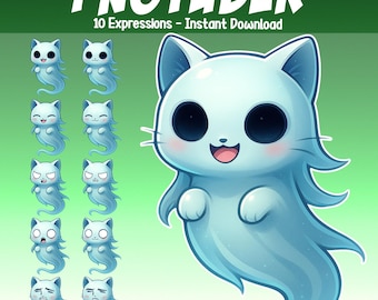 Cute Ghost Kitty Cat Pet PNGtuber - Animated vTuber Stream 10 expressions - Giftuber Reactive Pet Animal Avatar vTuber for Twitch Streamers