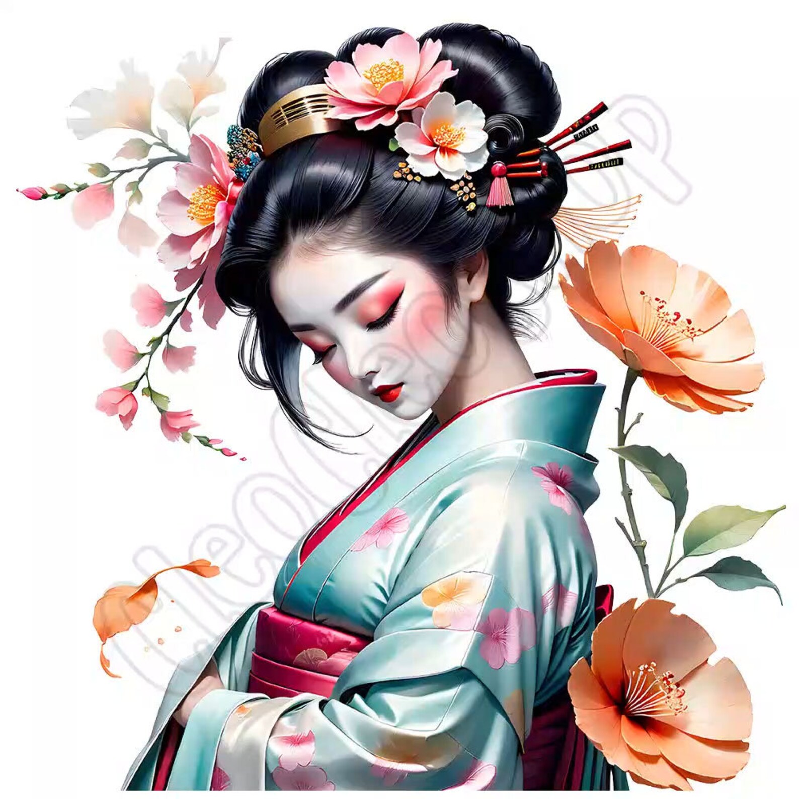 Watercolor Beautiful Elegant Geisha - Clipart Bundle, 16 High-quality ...