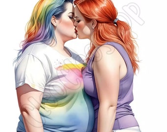 Watercolor LGBT+ Couple Kiss and Love - Clipart Bundle, 18 High-Quality PNGs, Wall Art, Paper Craft, Apparel, Digital Prints, Commercial Use
