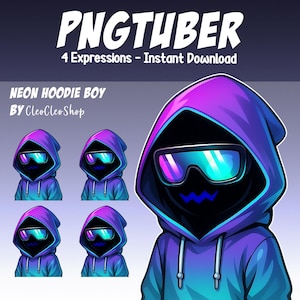 May include: Digital artwork of a neon hoodie boy with four expressions. The boy is depicted in a purple and blue hoodie with neon-coloured glasses. Text reads "PNGTUBER" and "4 Expressions - Instant Download."