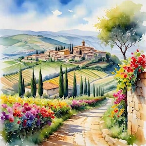 Campagna di paesaggio italiano ad acquerello - Pacchetto Clipart, 18 JPG di alta qualità, Arte della parete, Mestiere con la carta, Stampe digitali, Uso commerciale