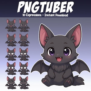 May include: A digital graphic download of a cartoon bat with large purple eyes, pink ears, and a happy expression. The image includes the text "PNGTUBER" and "10 Expressions - Instant Download."