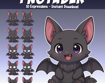 Puede incluir: Un gráfico de descarga digital que presenta un murciélago de dibujos animados con grandes ojos morados, orejas rosas y una expresión feliz. La imagen incluye el texto "PNGTUBER" y "10 Expressions - Instant Download."
