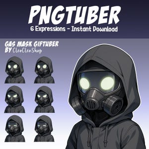 May include: Digital artwork of a person in a black gas mask and hooded jacket. The image includes the text "PNGTUBER" and "6 Expressions - Instant Download". The product is labeled "GAS MASK GIFTUBER" by CleoCleoShop.