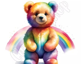 Watercolor Cute Rainbow Teddy Bear Clipart Bundle, 18 High-Quality PNGs, Wall Art, Paper Craft, Apparel, Digital Prints, Commercial Use