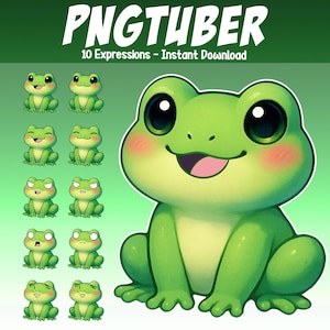 Puede incluir: Ilustración digital de una rana verde sonriente con grandes ojos negros y mejillas rosadas. La imagen incluye el texto "PNGTUBER" y "10 Expressions - Instant Download", junto con ilustraciones de ranas más pequeñas.