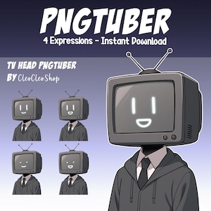 May include: Digital art featuring a person with a television for a head, wearing a suit and hoodie. The TV screen displays a smiling face with different expressions. Text reads "PNGTUBER, 4 Expressions - Instant Download" and "TV HEAD PNGTUBER By CleoCleo Shop."