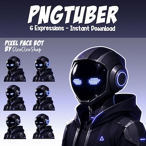 May include: A digital character asset set titled PNGTUBER featuring a robot with a black helmet and glowing blue pixelated eyes. The set includes six distinct facial expressions on a dark background with the text PIXEL FACE BOT BY CleoCleoShop.