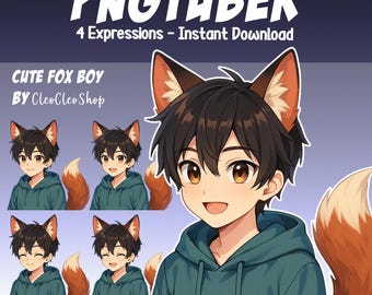 Puede incluir: Arte digital de un lindo chico zorro con cuatro expresiones diferentes, con una sudadera con capucha verde azulado y orejas de zorro. La imagen incluye una cola de zorro naranja y blanca. El texto dice "PNGTUBER" y "4 Expressions - Instant Download."