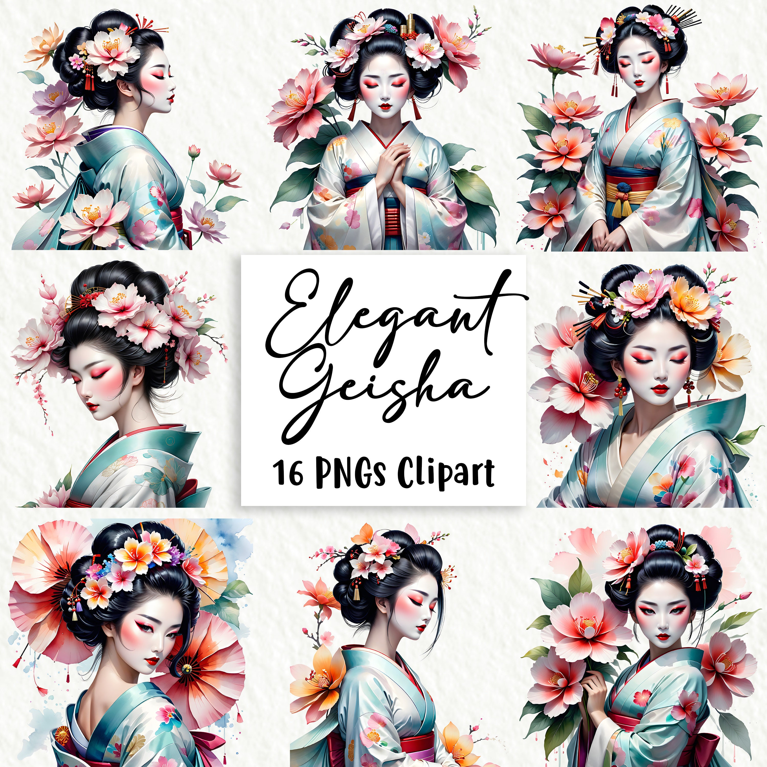 Watercolor Beautiful Elegant Geisha - Clipart Bundle, 16 High-quality ...