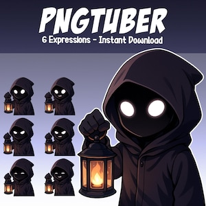 Puede incluir: Ilustración digital de una figura encapuchada sosteniendo una linterna con una llama. El texto "PNGTUBER" y "6 Expressions - Instant Download" está incluido. La figura tiene ojos blancos brillantes y lleva una capa oscura. Se muestran seis expresiones diferentes.