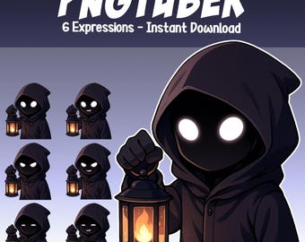 May include: Digital art featuring a hooded figure holding a lantern with a glowing flame. The image includes the text "PNGTUBER" and "6 Expressions - Instant Download." The figure has glowing white eyes and is wearing a dark cloak. There are six different expressions.
