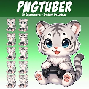 May include: Digital art featuring a cartoon tiger cub with blue eyes, holding a black game controller. The image includes the text "PNGTUBER" and "10 Expressions - Instant Download". The cub has gray and white stripes and is sitting down.