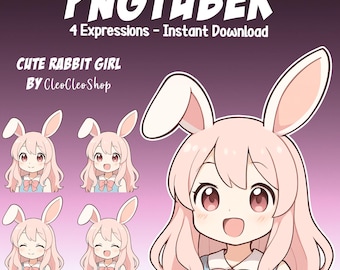 Cute Rabbit Ears Girl PNGtuber - Pink Hair Girl Animated vTuber Stream - 4 expressions - Chibi Giftuber Reactive Avatar vTuber for Streamers