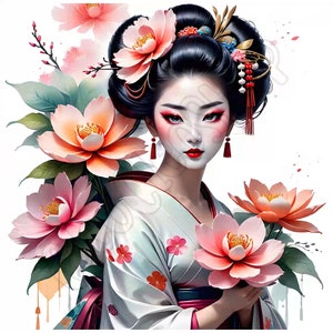 Wunderschöne elegante Geisha Aquarell - Clipart Bundle, 16 hochwertige PNGs, Wandkunst, Papierkunst, Kleidung, Digitaldrucke, kommerzielle Nutzung