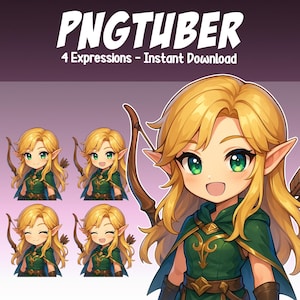 かわいいエルフのアーチャーガールPNGtuber - ブロンドヘアの女の子のアニメーションvTuberストリーム - 4つの表情 - ストリーマー向けのChibi GiftuberリアクティブアバターvTuber