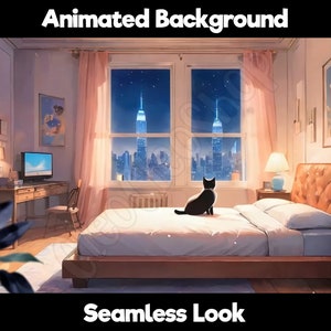 Vtuber Background Stream Design | Animated Looped Background Twitch Bedroom with Cat | Looped Overlay | Cozy Ambience Vtuber Background