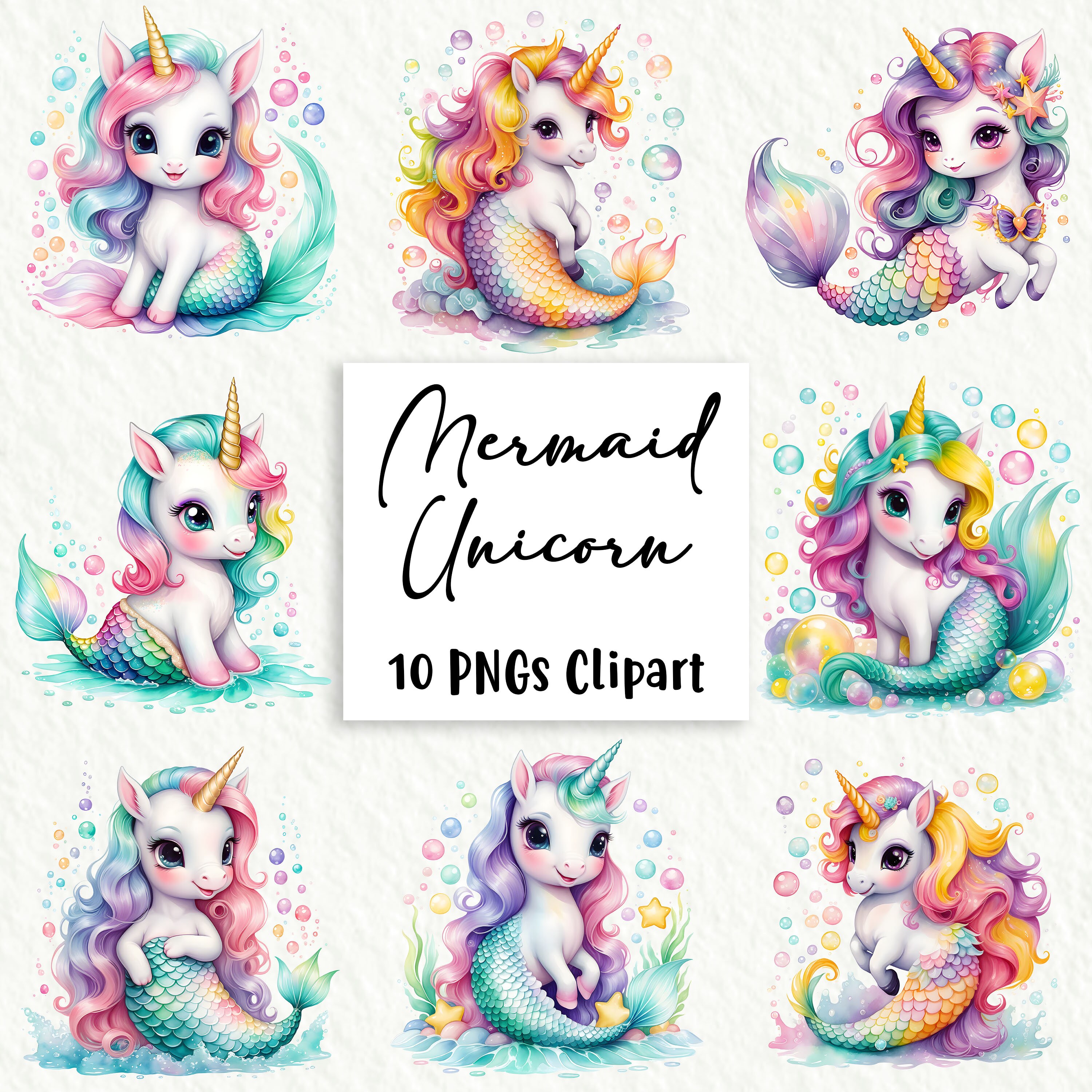 Watercolor Cute Mermaid Unicorn Clipart Bundle, 10 High-quality Pngs ...