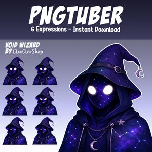 May include: A digital character asset set titled PNGTUBER 6 Expressions - Instant Download Void Wizard by CleoCleoShop. The image displays a wizard figure with a dark purple galaxy-patterned cloak and hat, glowing white eyes, and a silver moon charm.