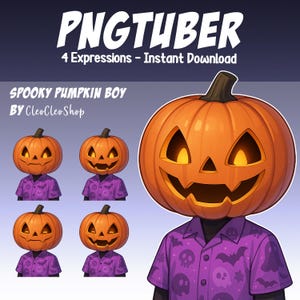 Op de afbeelding: Digitale illustratie van een Spooky Pumpkin Boy met vier verschillende uitdrukkingen. De pompoenhoofd is oranje met een uitgesneden gezicht en een donkerbruine steel. De jongen draagt een paars shirt met een Halloween-thema patroon. Tekst luidt "PNGTUBER" en "4 Expressions - Instant Download."