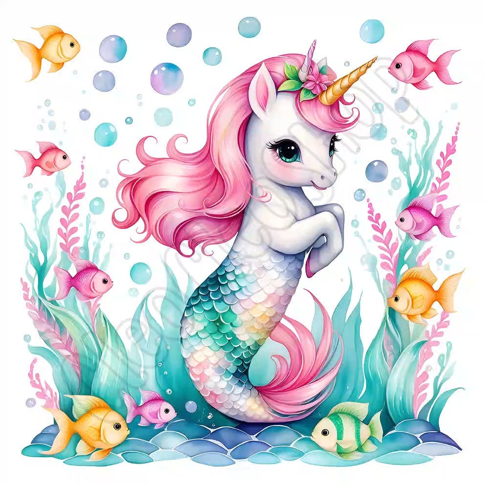 Watercolor Cute Mermaid Unicorn Clipart Bundle, 10 High-quality Pngs ...