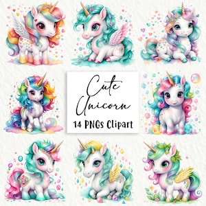 Watercolor Cute Unicorn Clipart Bundle, 14 High-Quality PNGs, Wall Art, Paper Craft, Apparel, Digital Prints, Commercial Use