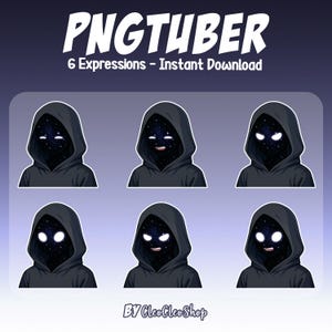 Puede incluir: Ilustraci&oacute;n digital que presenta seis expresiones de una figura encapuchada con un rostro de noche estrellada. El texto "PNGTUBER" y "6 Expressions - Instant Download" est&aacute;n en la parte superior. El nombre del artista, "BY CleoCleoShop", est&aacute; en la parte inferior.