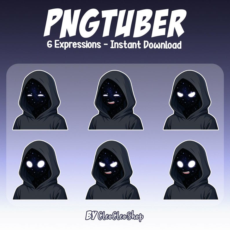 Puede incluir: Ilustraci&oacute;n digital que presenta seis expresiones de una figura encapuchada con un rostro de noche estrellada. El texto "PNGTUBER" y "6 Expressions - Instant Download" est&aacute;n en la parte superior. El nombre del artista, "BY CleoCleoShop", est&aacute; en la parte inferior.