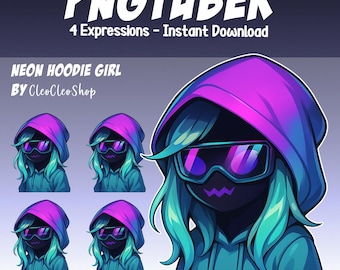 May include: Digital art of a neon hoodie girl with teal hair, wearing a purple and blue hoodie and futuristic glasses. The image includes the text "PNGTUBER" and "4 Expressions - Instant Download". The design is by CleoCleoShop.