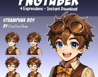 Chico Steampunk PNGtuber - Gafas de sol Steampunk animadas vTuber - 4 expresiones - Giftuber Avatar reactivo vTuber para Twitch para streamers