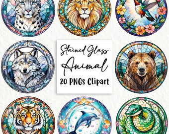 Aquarell Buntglas-Tier - Clipart-Bundle, 20 hochwertige PNGs, Wandkunst, Papierkunst, Kleidung, Digitaldrucke, kommerzielle Nutzung