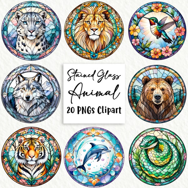 Watercolor Stained Glass Animal - Clipart Bundle, 20 High-Quality PNGs, Wall Art, Paper Craft, Apparel, Digital Prints, Commercial Use