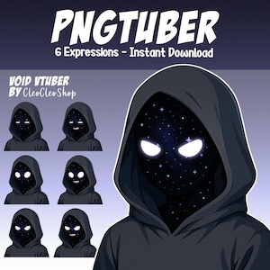 以下が含まれることがあります： 星空の顔と明るい白い目を持つフード付きのキャラクターのデジタルイラスト。画像には「PNGTUBER」と「6 Expressions - Instant Download」と表示されています。アーティスト名「CleoCleoShop」も表示されています。
