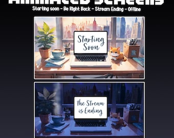 May include: Two animated screens with a city skyline in the background. The top screen says "Starting Soon" and the bottom screen says "The Stream is Ending". Both screens have a cat sitting on the desk in front of them.