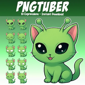 May include: A digital graphic featuring a green alien cat with large black eyes and pink inner ears. The image includes the text "PNGTUBER" and "10 Expressions - Instant Download". There are also 10 smaller images of the alien cat with different expressions.