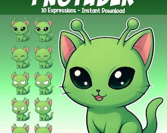 May include: A digital graphic featuring a green alien cat with large black eyes and pink inner ears. The image includes the text "PNGTUBER" and "10 Expressions - Instant Download". There are also 10 smaller images of the alien cat with different expressions.