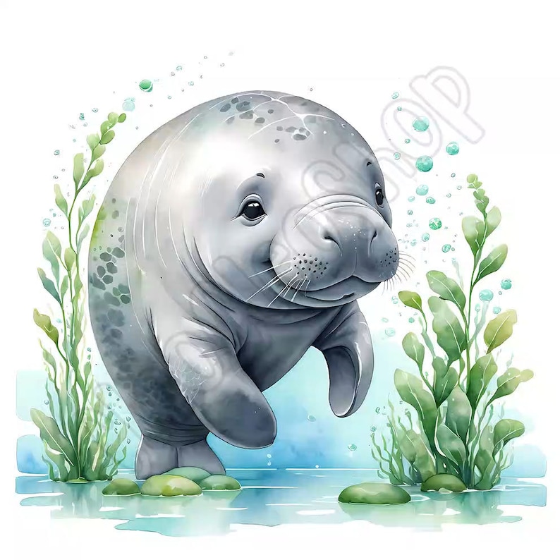 Watercolor Cute Manatee Clipart Bundle, 18 High-quality Pngs, Wall Art ...