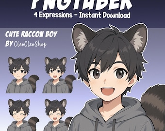 Cute Raccoon Boy PNGtuber - Cute Raccoon Boy Animated PNGtuber Stream - 4 expressions - Giftuber Reactive Avatar vTuber for Streamers