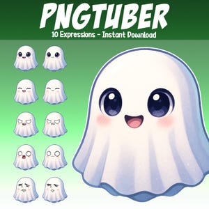 Op de afbeelding: Digitale illustratie van een schattig cartoon spook met grote ogen en roze wangen. De afbeelding bevat verschillende spookuitdrukkingen, en de tekst "PNGTUBER" en "10 Expressions - Instant Download". Het spook is wit met een vloeiend laken.