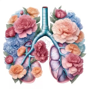 Lindo paquete de imágenes prediseñadas de pulmones florales de acuarela, 14 PNG de alta calidad, arte de pared, artesanía de papel, ropa, impresiones digitales, uso comercial