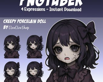 Spooky Porcelain Doll PNGtuber - Creepy Gothic Dool Animated vTuber Stream - 4 expressions - Halloween Female Giftuber, Reactive Avatar