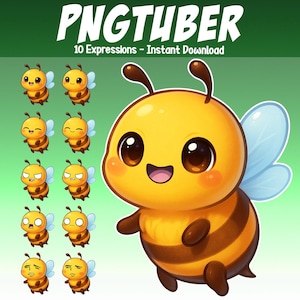 Könnte beinhalten: Digitale Illustration einer Cartoon-Biene mit einem lächelnden Gesicht und großen Augen. Die Biene ist gelb und braun mit blauen Flügeln. Das Bild enthält den Text "PNGTUBER" und "10 Expressions - Instant Download".