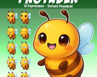 May include: Digital illustration of a cartoon bee with a smiling face and large eyes. The bee is yellow and brown with blue wings. The image includes the text "PNGTUBER" and "10 Expressions - Instant Download".